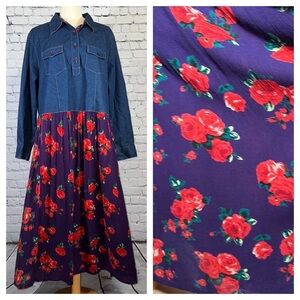 Bridgewater Studio Denim Maxi Mixed Media Red Roses Purple Red Plus Sz 20W NWOT